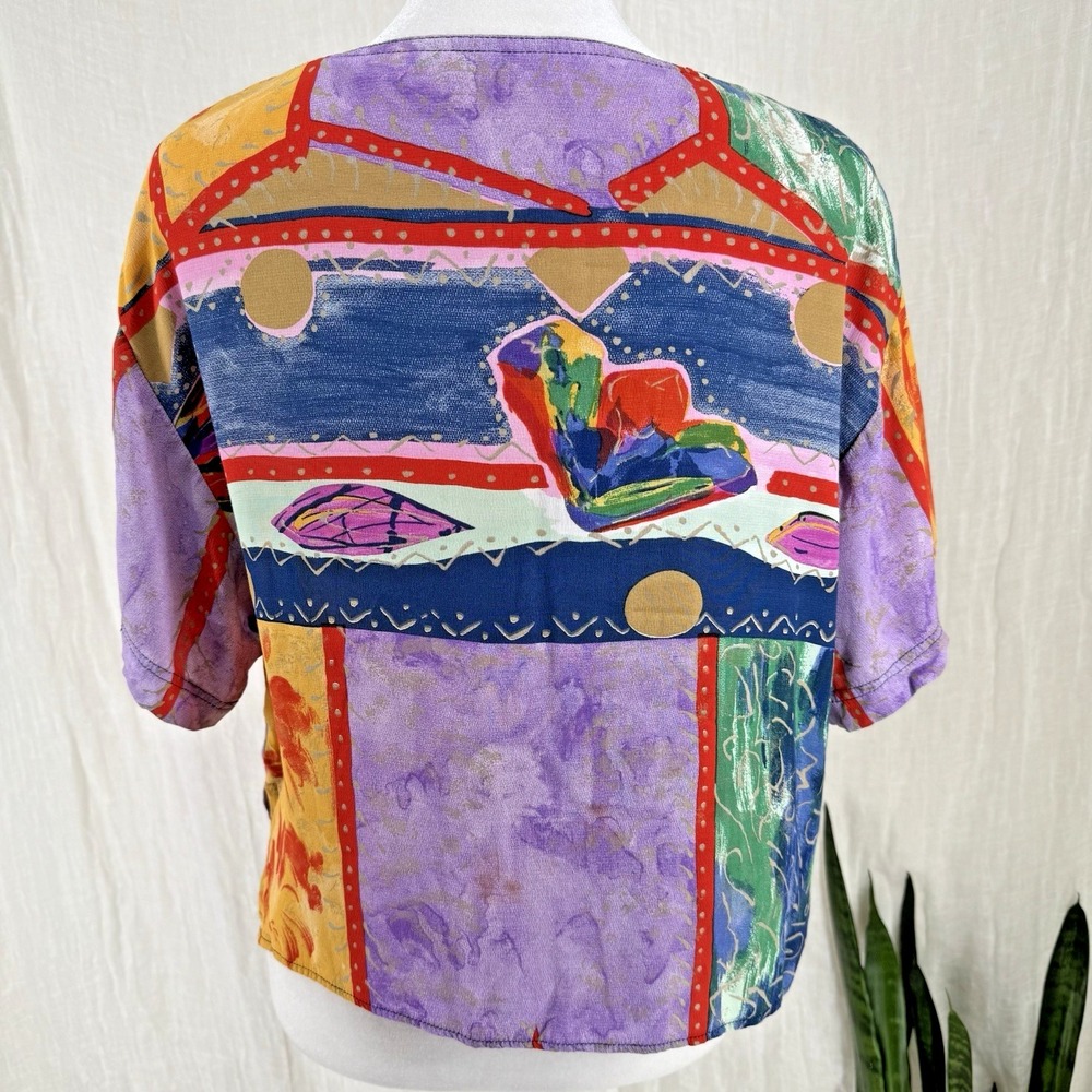 90s Colorful Artsy Indie Crop Top S Abstract Maximalist Funky Retro Vtg Rayon - Picture 4 of 5